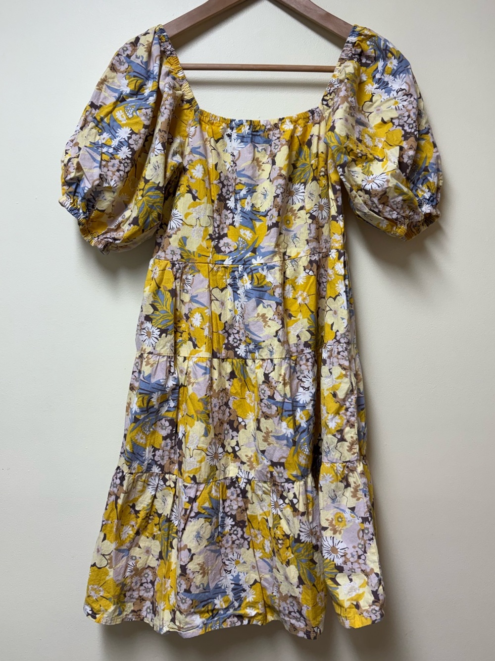 Sim & Sam 100% Cotton Yellow Floral Puff Sleeve Dress Medium